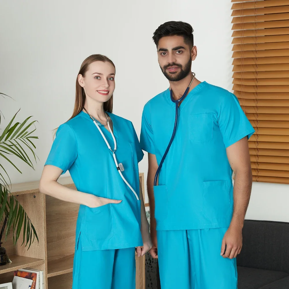 Męski zestaw mundurków medycznych w jednolitym kolorze męski hurtownia kliniki szpital lekarz kombinezony V-neck moda peeling apteka pielęgniarka ubrania