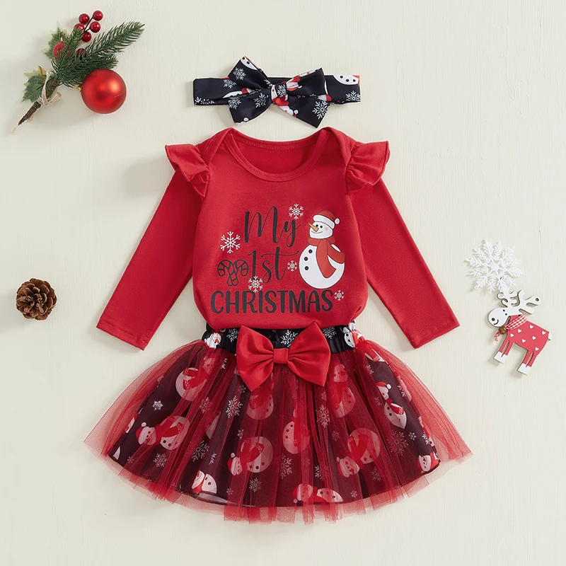 Toddler Christmas Dress Reindeer Print Flare Sleeve Bodysuit Elastic Waist Tutu Skirt Bow Headband 3 Piece Set for Baby Girl