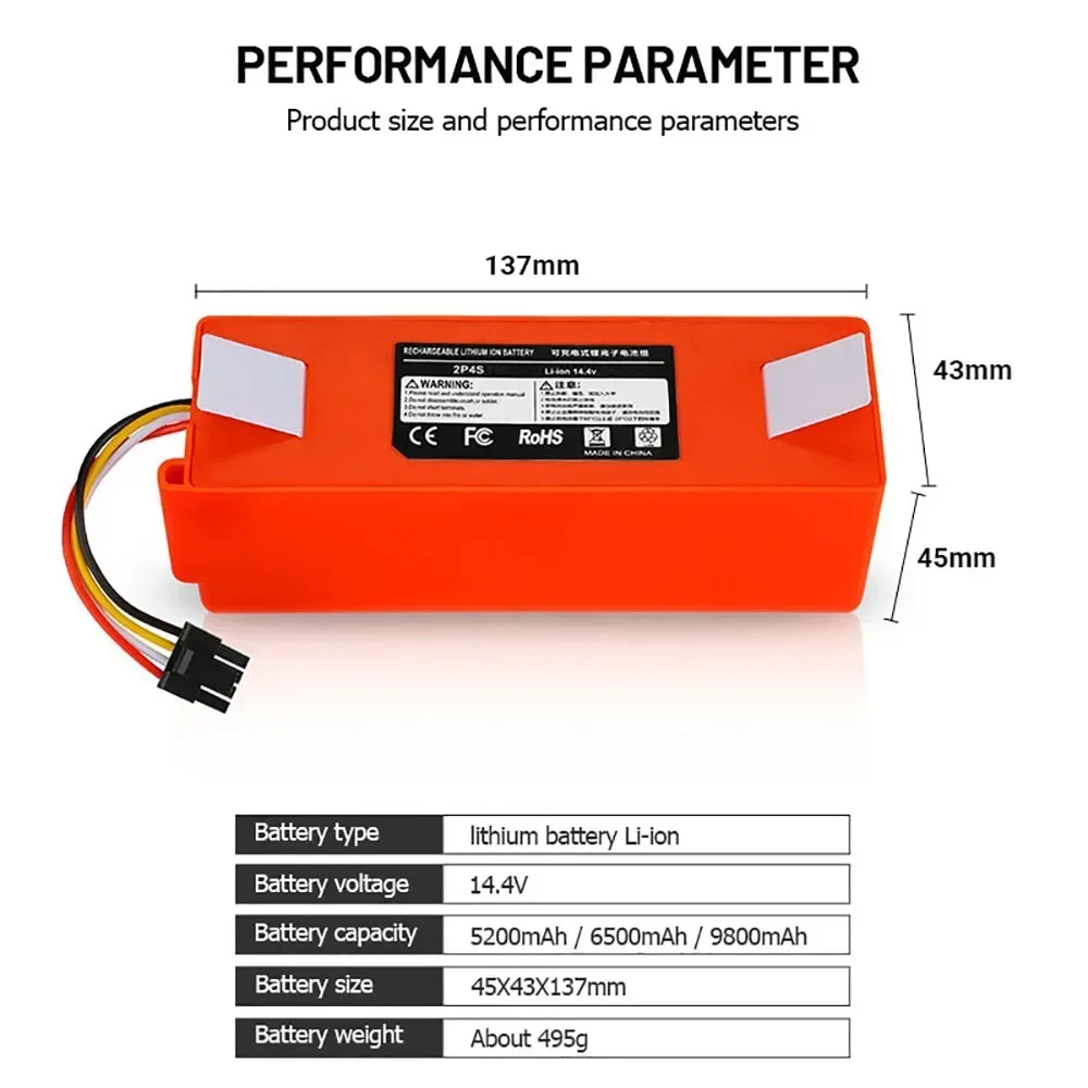 Replacement Battery for Xiaomi Roborock, Robotic Vacuum Cleaner, S55, S60, S65, S50, S51, S5 MAX, S6 Parts, 14.4V, 12800mAh