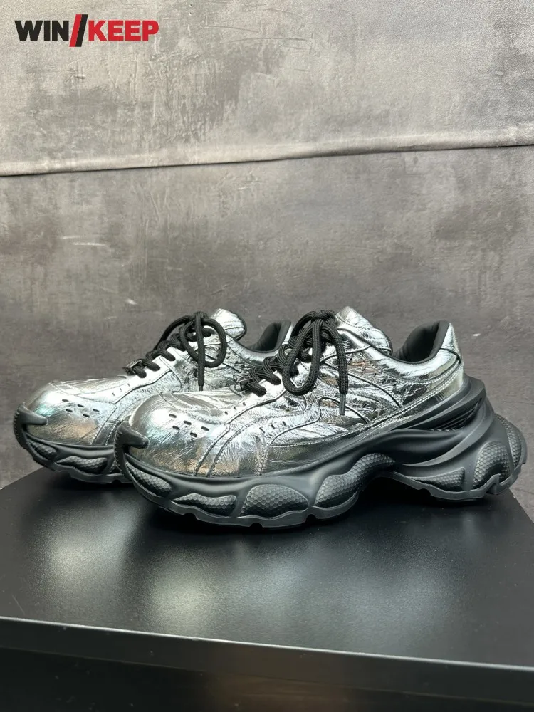 

Men Silvery Lace Up Genuine Leather Sneakers Thick Platform Jogging Trainers Male Gym Fitness Sports Shoes Running Shoes Outdoor
