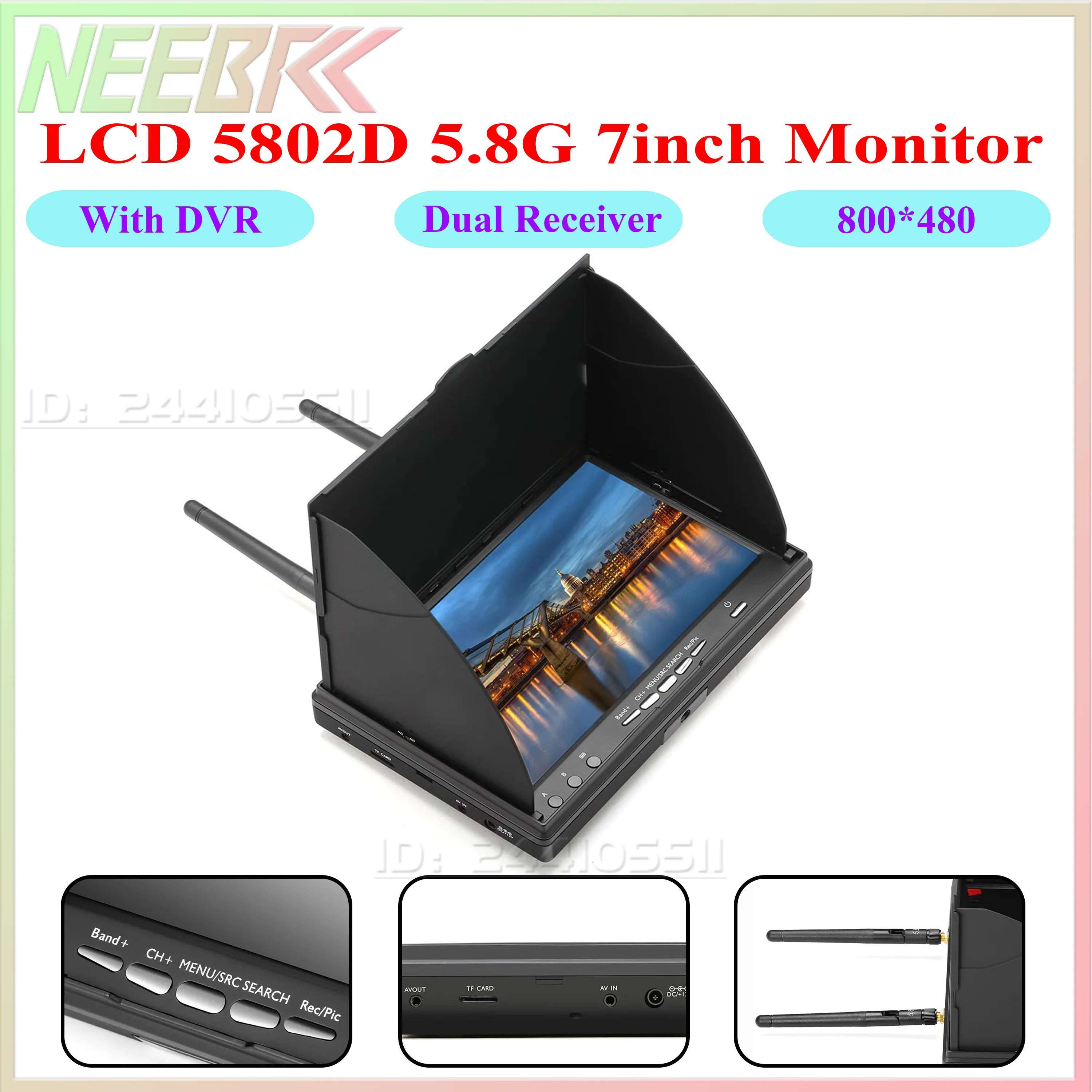 NEEBRC LCD5802D FPV Monitor with DVR 5.8G 40CH 7 Inch LCD Screen Monitor 800x480 Dual Diversity Receiver for FPV Racing Drone