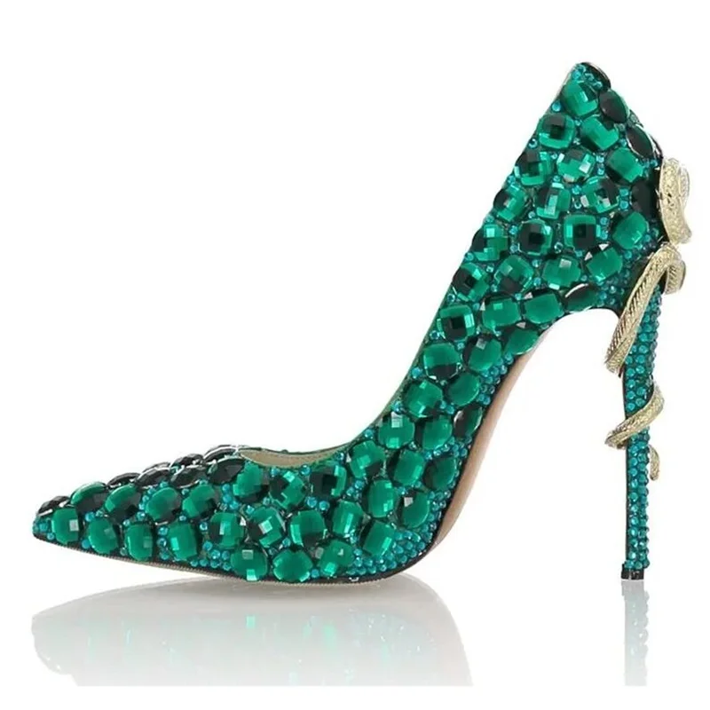 

Green Gemstone High Heel Wedding Dress Shoes Twined Metal Snake Pointed toe Stiletto Heel Pumps Women Celebrating Shoes