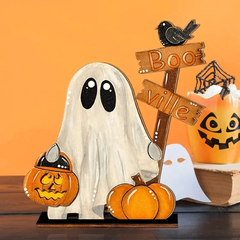 Boo-ville Ghost Wooden Tabletop Sign Halloween Pumpkin Crow Decor Freestanding Wood Ornament for Fireplace Mantel Party Display