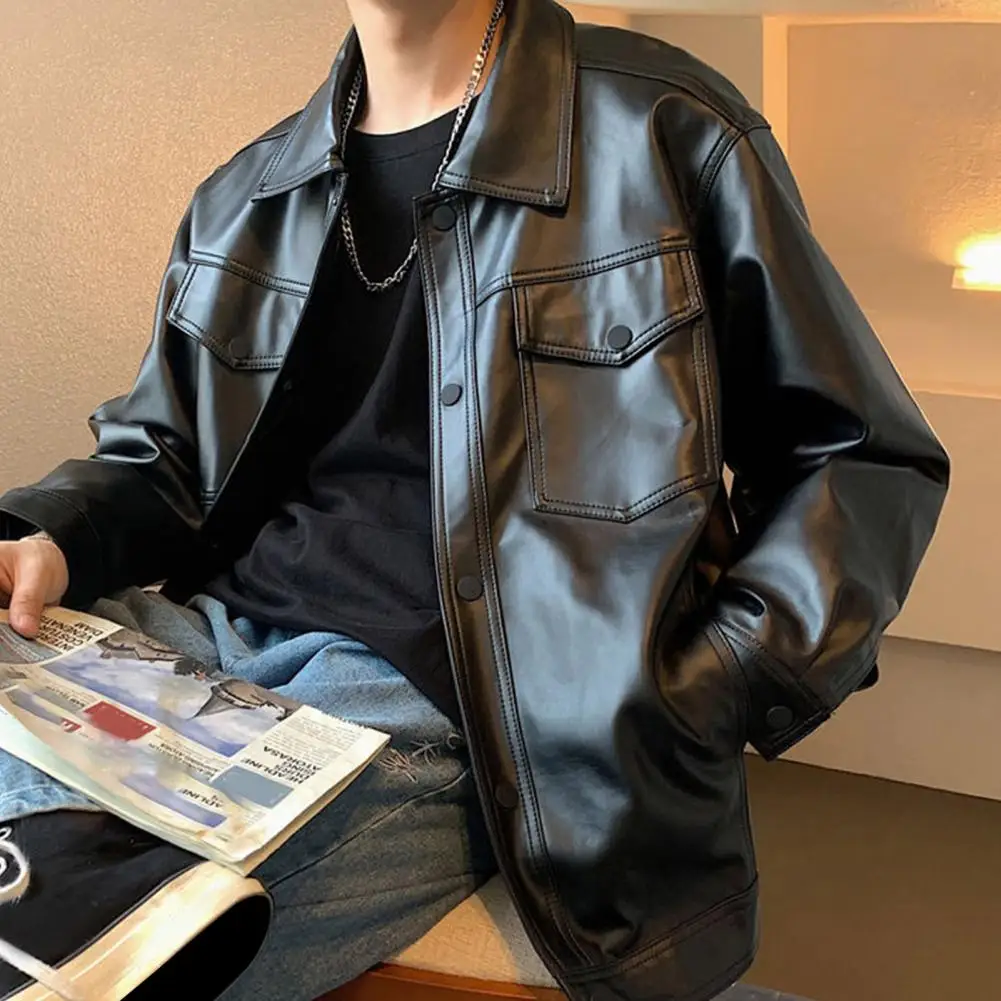 Male Casual Jacket Stylish Men's Faux Leather Jacket with Turn-down Collar Button Closure Breast Pocket Spring/fall for Male