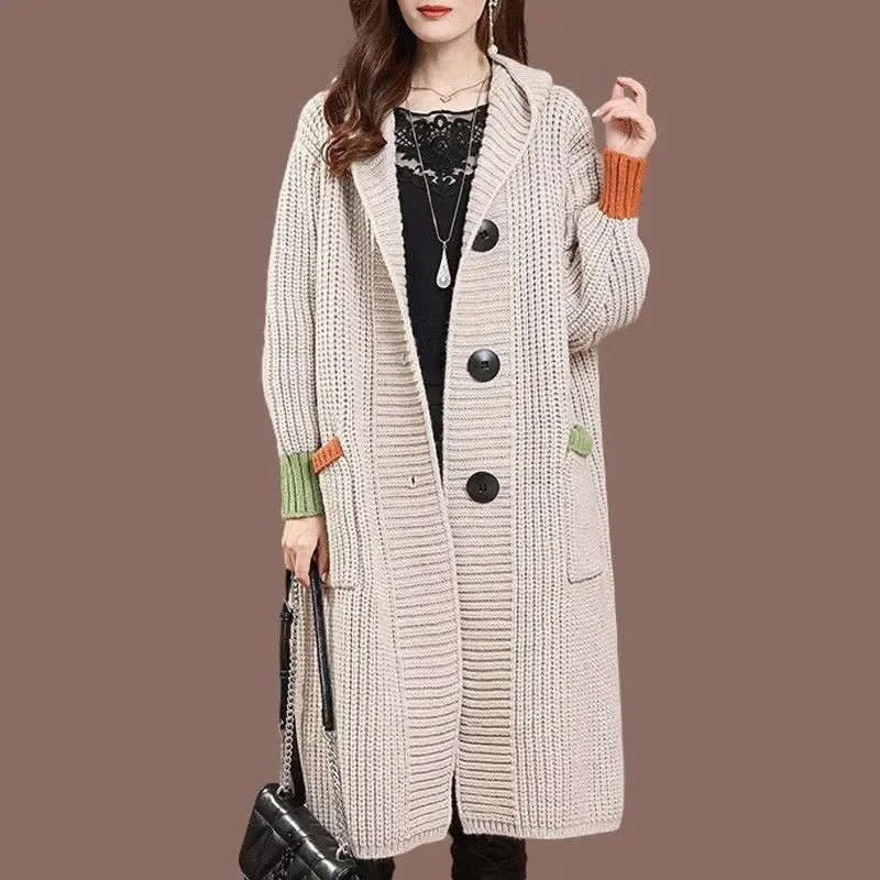 Wiosna 2026 Nowa Koreańska Moda Damski Długi Kardigan Dzianinowy Luźny Gruby Sweter Casual Vintage z Kapturem Odzież Dzianinowa B1350