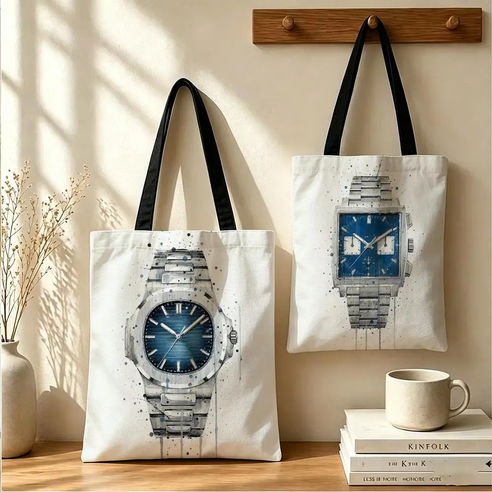 Creative Watch Designs Storage Bags Large Capacity Canvas Tote Bag Double-Sided Print Shoulder Handbag for Daily Shopping