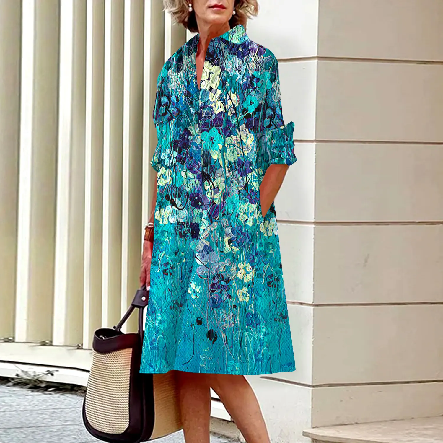 Spring and Summer Women\'s Dresses Fashion Lapel Printed Long Sleeve Shirt Street Shooting High Temperament New Traveling Gowns