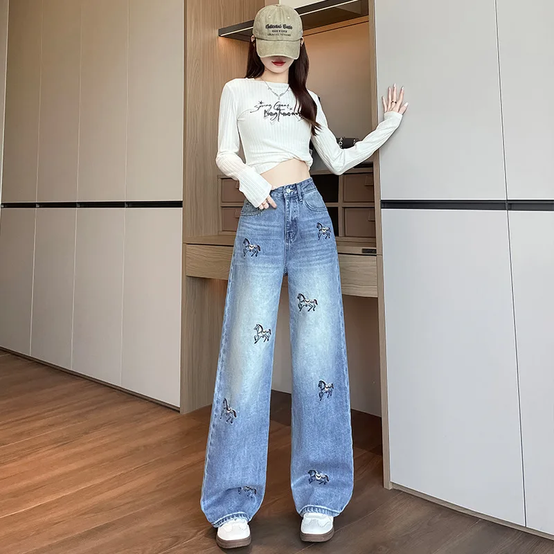 Women Denim Jeans Embroidered Jean Button Pocket Zipper Fly Empire Waist Full Length Straight Pants Loose Fit 2026 Spring Autumn