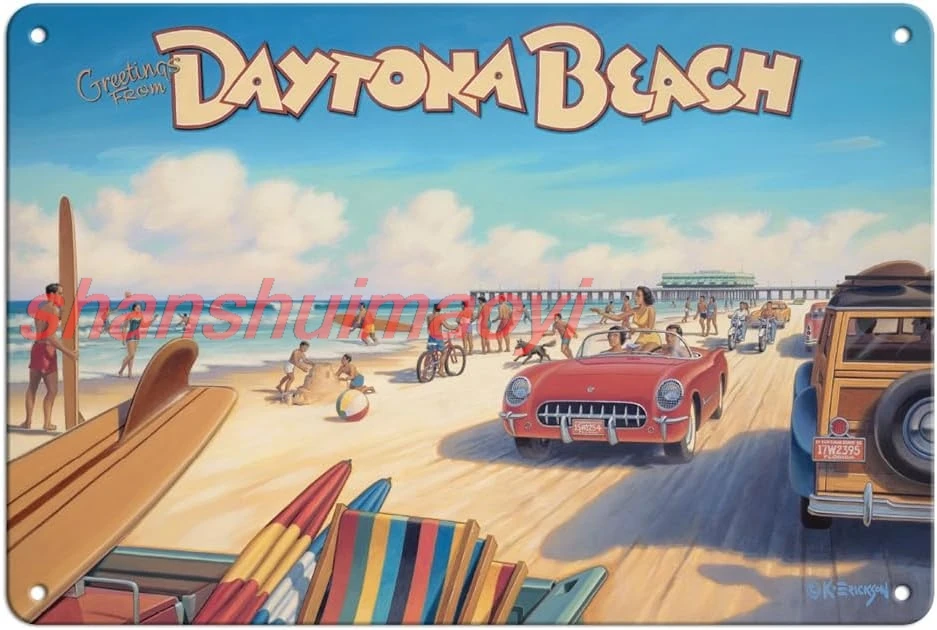 Pacifica Island Art Greetings from Daytona Beach Florida - Spring Break - Vintage Travel Poster by Kerne Erickson - 8 x 12  UUJ