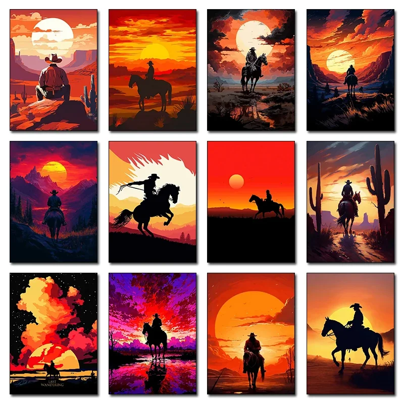 Classic Western Cowboy Wrangler Poster Sunset Vintage posters Canvas Painting Art Pictures Wall Living Room Office Home Decor