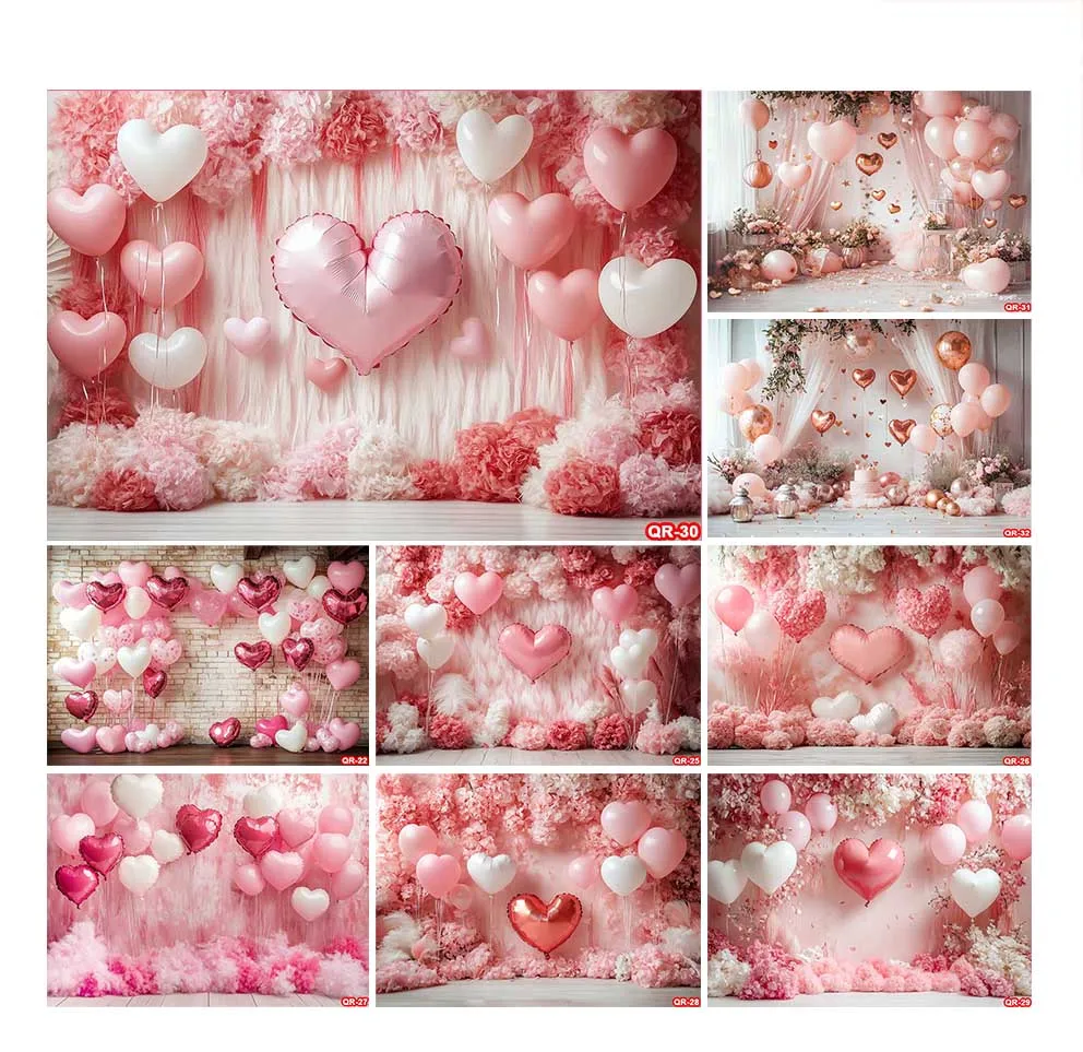 Pink Valentine's Day Photography Backdrops White Wood Floor Pink Loveheart Balloons Decoration Photo Background Baby Shower