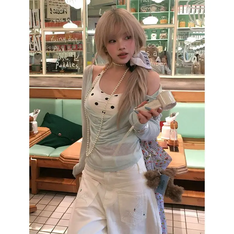 Mint Green Swinging Collar Slightly Transparent Long-sleeved Blouse Women's Early Chest Pad White Polka Dot Neck Vest Two-piece