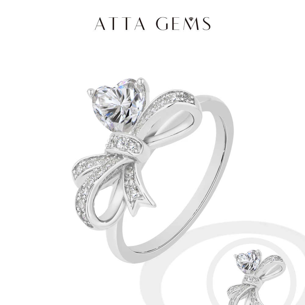 

ATTAGEMS Fashion Love Bow Moissanite Ring Heart Cut S925 Silver Romantic Wedding Band ForWoman Birthday Gift Anniversary Jewelry