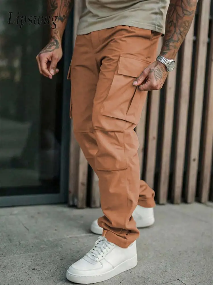 

Весенне-осенние мужские повседневные брюки, уличная одежда, модные мужские однотонные брюки-карго с несколькими карманами, мужские модные свободные прямые брюки