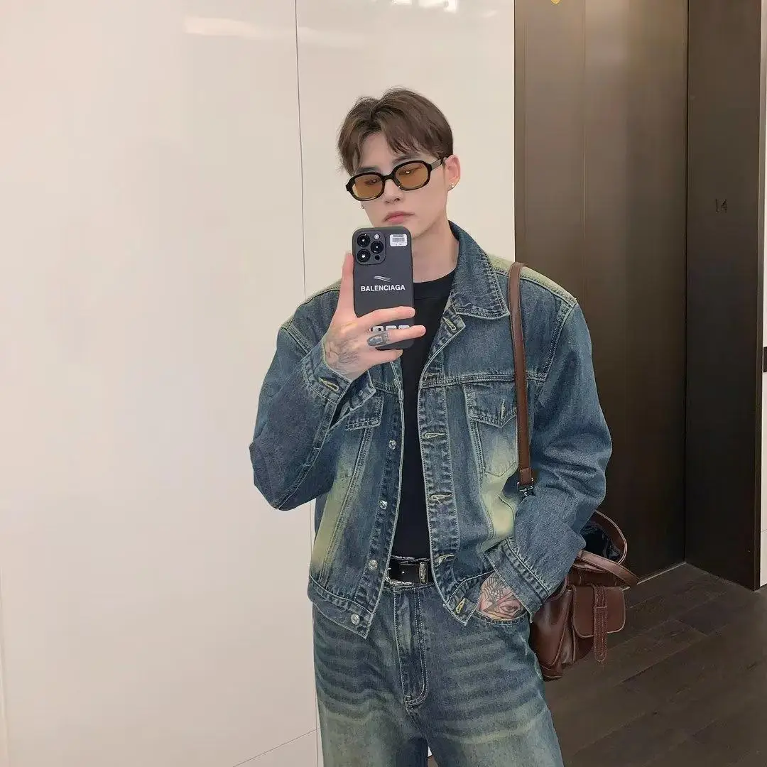 

Мужские джинсовые джинсы в стиле ретро, свободные джинсы с прямой талией, молодежный модный осенний комплект, джинсовый комплект с застежкой на одной пуговице