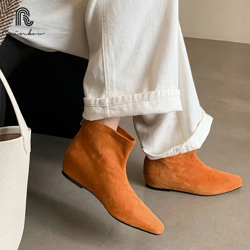 

RAINBOW Size 34-40 suede Elegant Ankle Boots For Women Wedges Heels Office Pumps Retro Square Toe High Heeled Short Boots Shoes