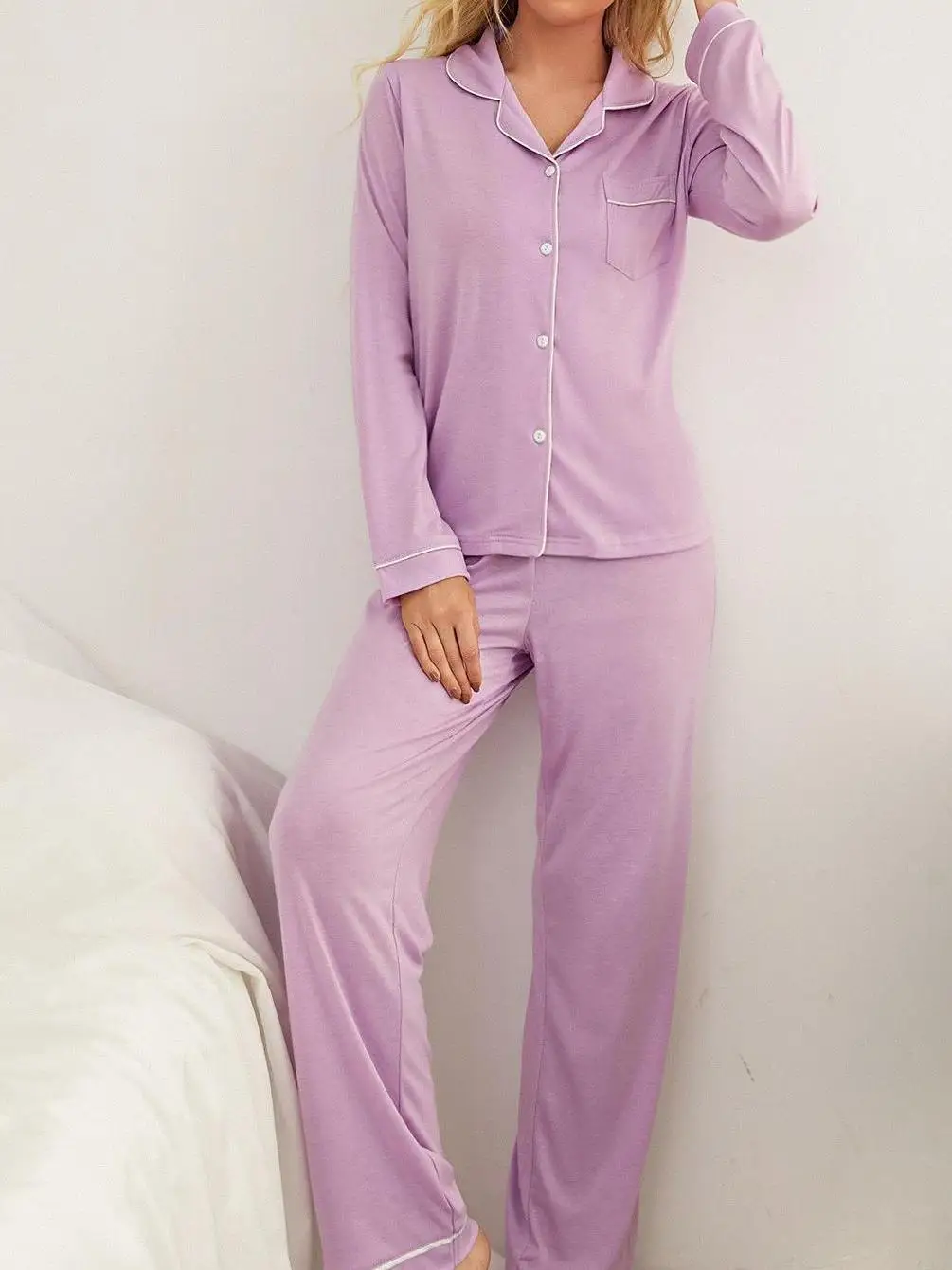 

New Button Long Sve irt And Long Pants Casual Home Set Polyester Youth Spring Autumn Long Pants Women's Home Clothes