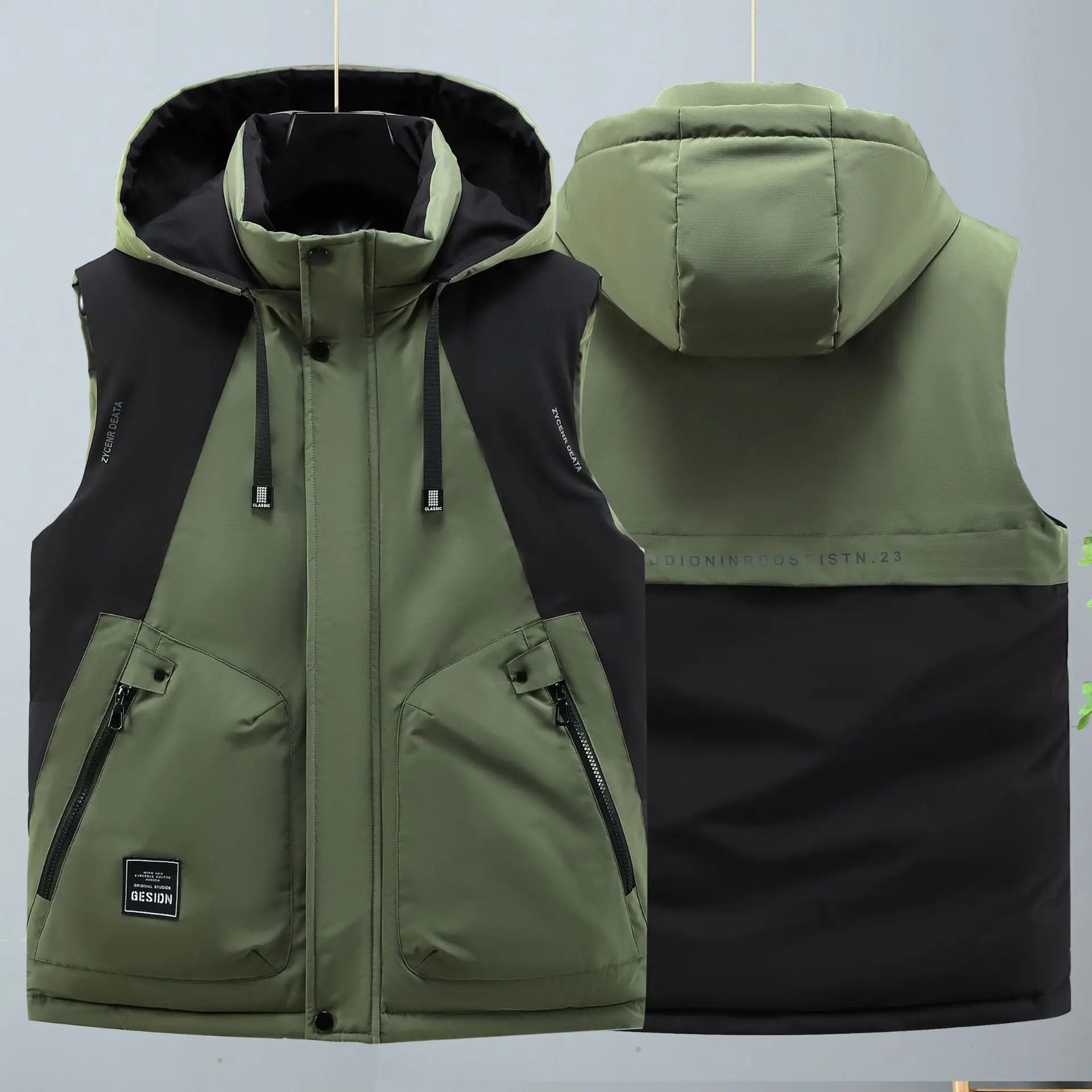 

#3634 Winter Vest Men Spliced Color Plus Size 5XL 6XL 7XL 8XL Hooded Men's Vest Zipper Sleeveless Jacket Male Slim Warm Thick