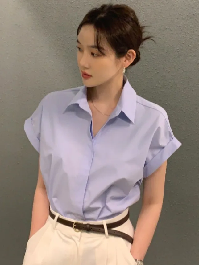 

Ele Summer New Loose Fit irt Collar Single Button Casual Cuffed Sve Flyaway Sve Top Women's Premium Faion