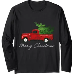 Christmas long sleeved T-shirt retro truck Christmas tree pattern design black men's loose fit