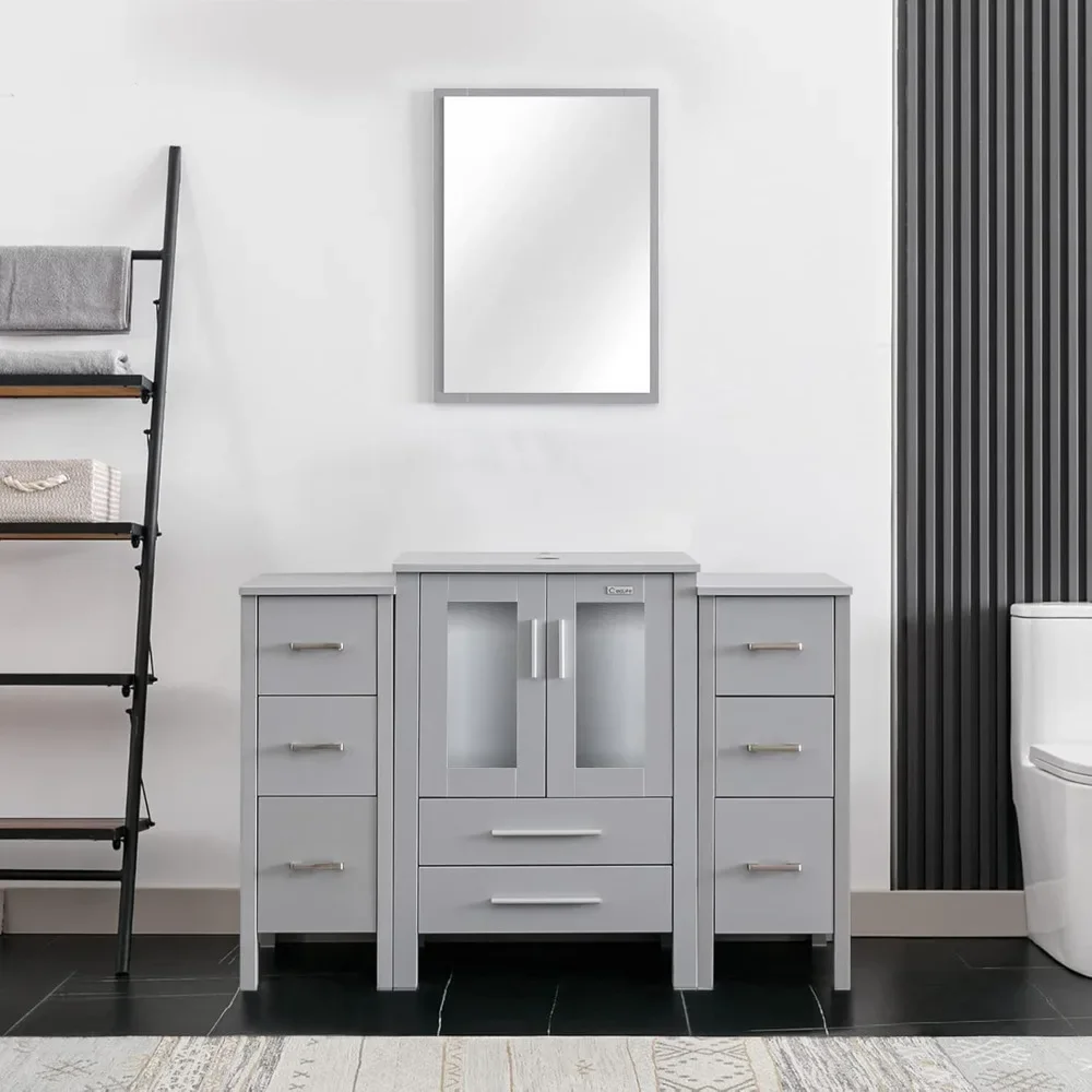 Lemari cermin, 48 "kamar mandi Vanity Sink Combo abu-abu dengan lemari samping Set Modern alas berdiri kayu, lemari cermin