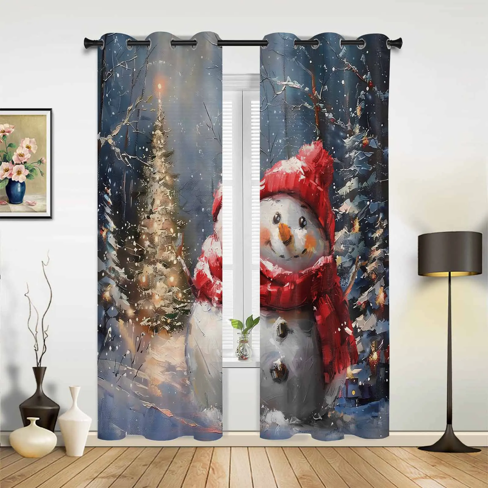 Christmas Snowman Vintage Oil Painting Windows Curtains Living Room Luxury Decor Xmas Curtain Bedroom Kitchen Window Drapes