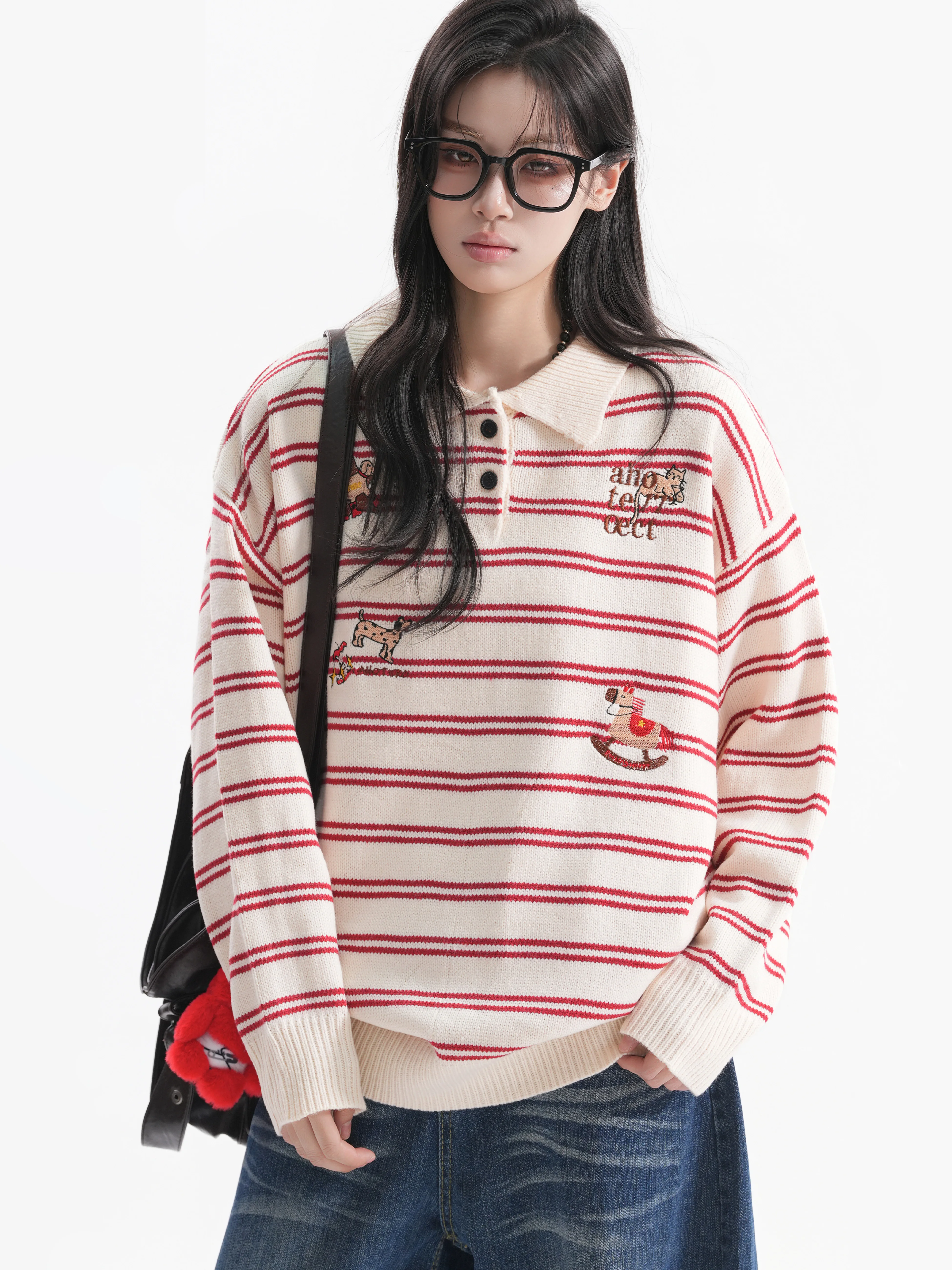 Retro American Striped  Neck Knitwear for Girls Loose Fit Embroidered Fun Pattern Autumn Wear Soft Breathable Long Sleeve