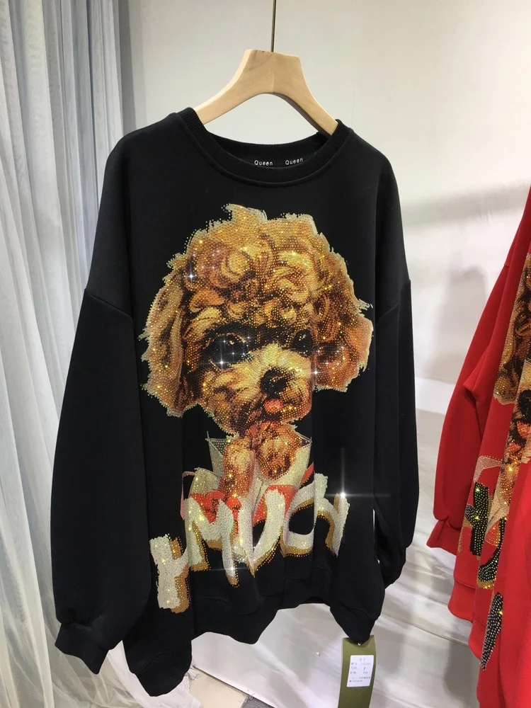 Lovely Dog Rhinestone Trendy Men Women Hoodie Top Loose Mid-long O-neck Pullovers Streetwear Long Sleeve Cotton Sweatshirt