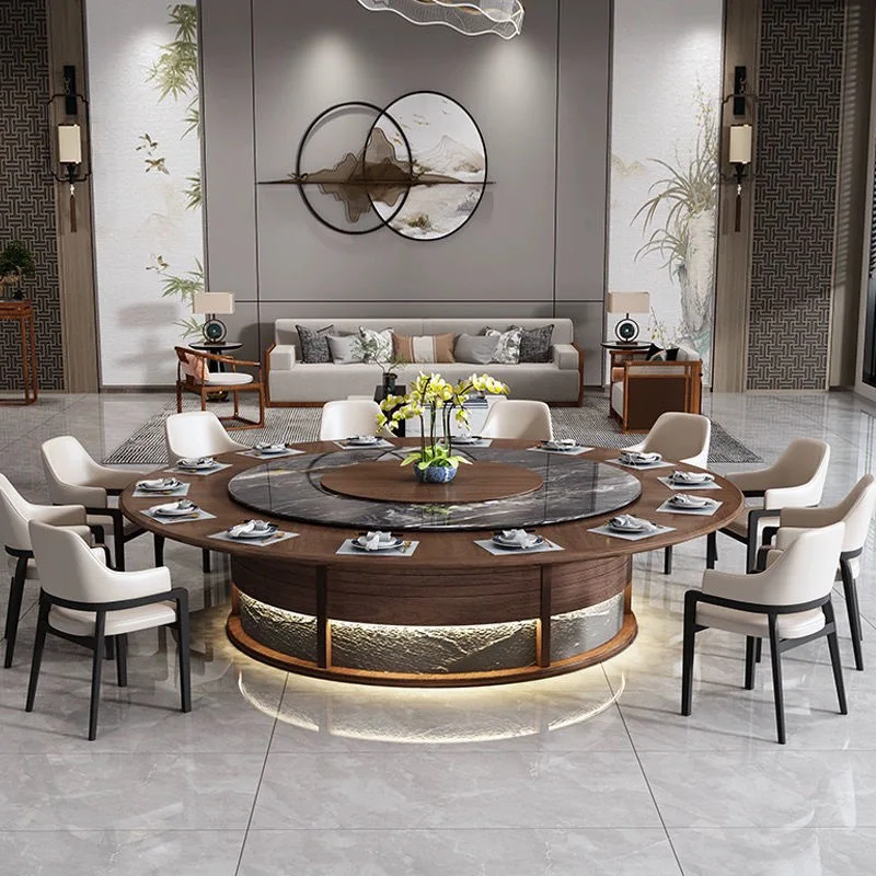 Solid wood electric dining table, hotel electric large round table, 20-person sintered stone round table, multifunctional