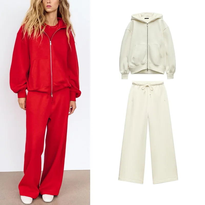 

High Waist Wide Leg Straight Leg Pants with Zipper Decorated Hoodie Spring New Style Women's Casual Sportswear Set