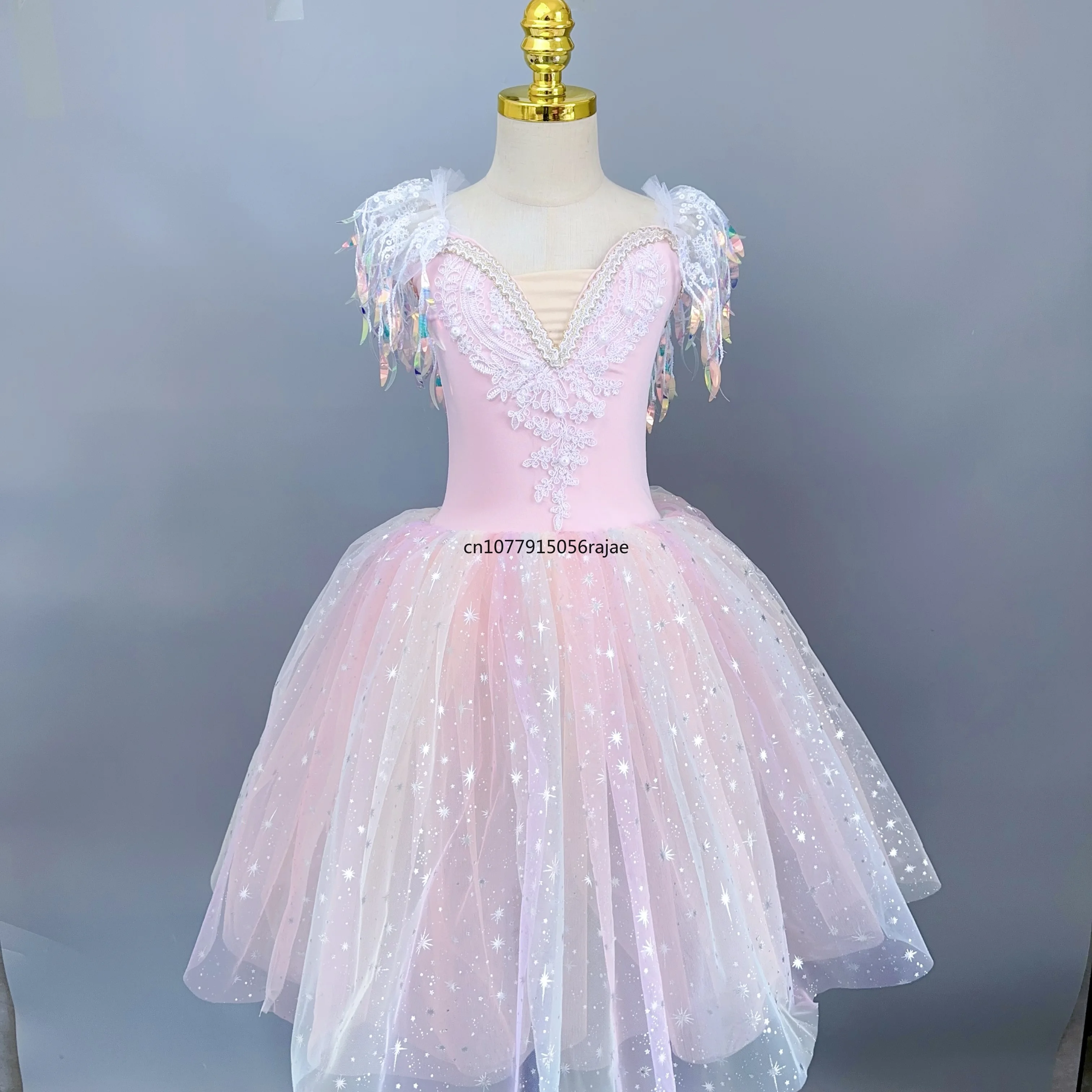 Kids Romantic Long Ballet Dress Girls Children Sequins Tassel Modern Dance Tutu Dress Stage Wear Ballet Princess Dress