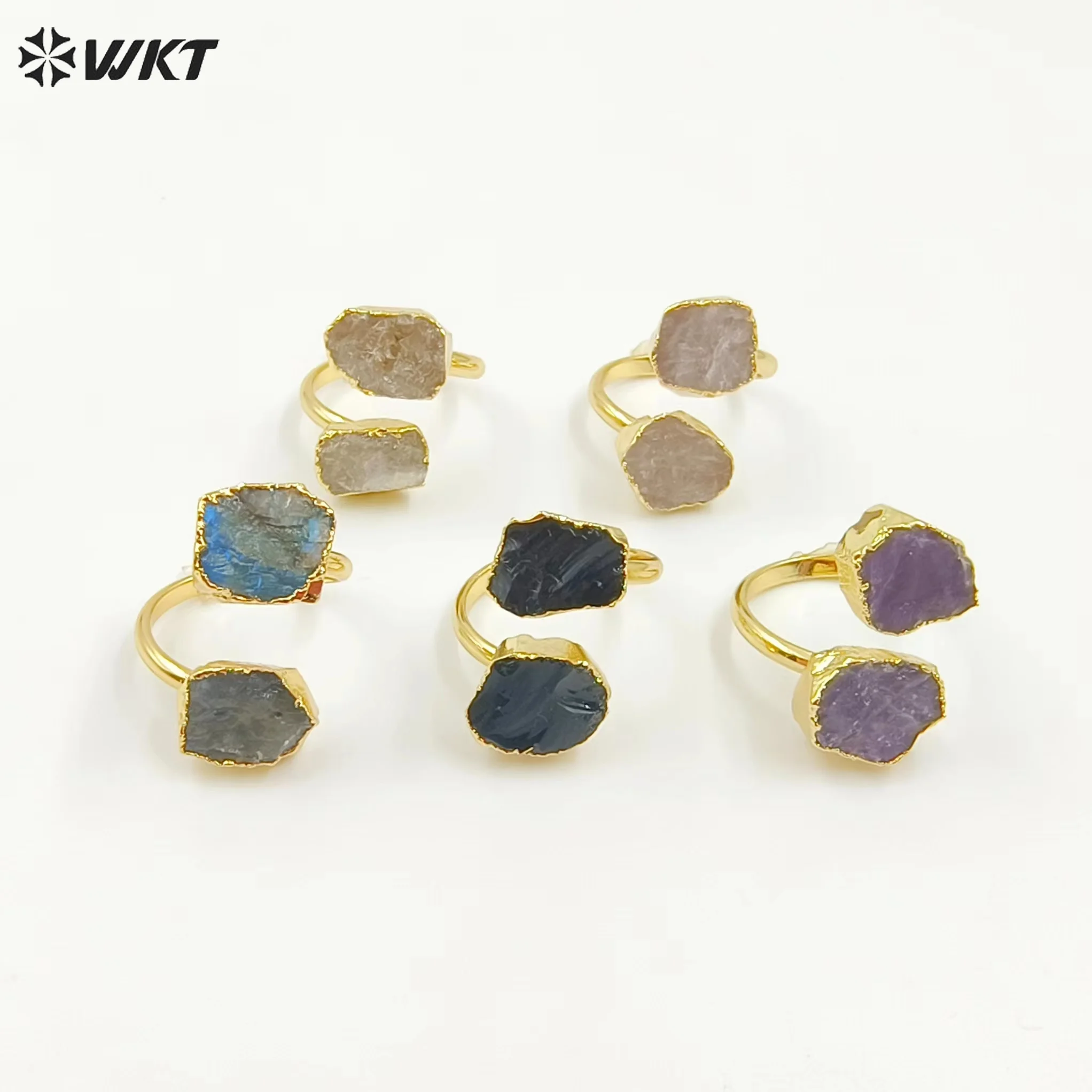 

WT-R506 WKT Exclusive Design Double Natural Raw Gemstone Ring Women 18k Gold Plated Quartz Stone Birthday Gift 10PCS