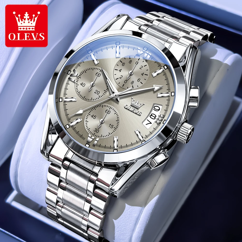 OLEVS 2987 Chronograph Man Watch Original Solid Steel Strap Waterproof Calendar Wristwatches Luxury Brand Quartz Watches for Man