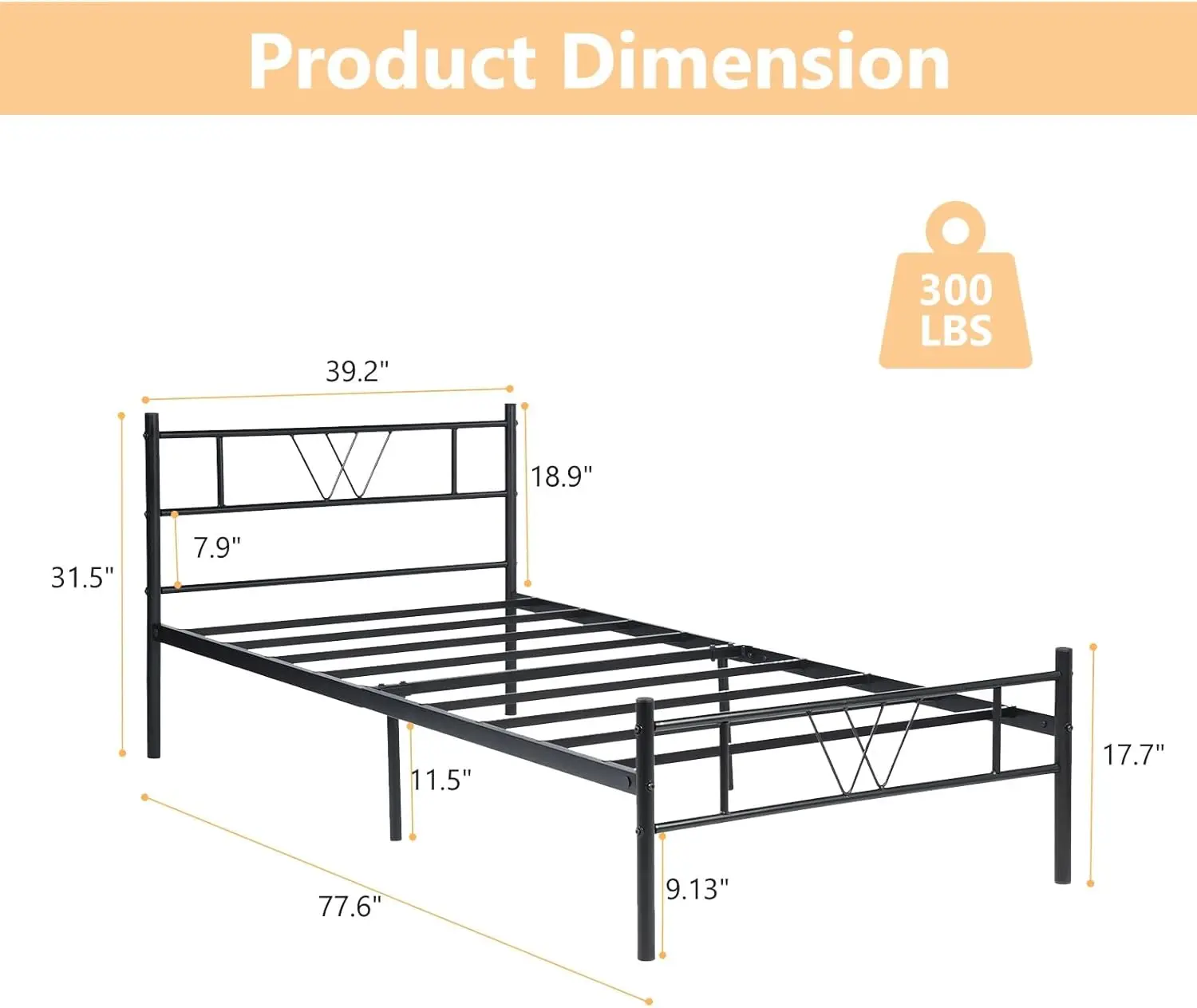 Twin Size Metal Platform Bed Frame With Headboard And Footboard, Heavy Duty Steel Slat Support, 16