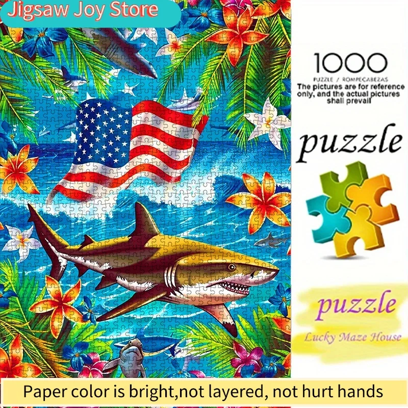 

1000 штук бумажных пазлов (Акулы, Американский флаг, Тропические цветы) из высококачественного белого картона, идеально подходят для семейного досуга.