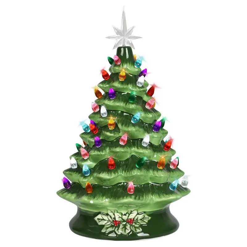 

15-Inch green ceramic Christmas tree glowing night light battery holiday decoration ornament
