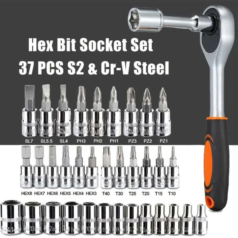 46pc Drive Socket Set 1/4 inch Ratchet Wrench Set with Sockets Metric Hex Bit Socket Set Mechanic Tool Kits for Hous Auto Repair