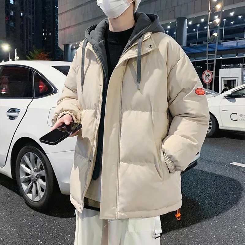 

Thiened Cotton Jaet Men's Winter Coat Warm Hooded Trendy Hong Kong Sle Student Casual Zipper Closure Color Polyes...