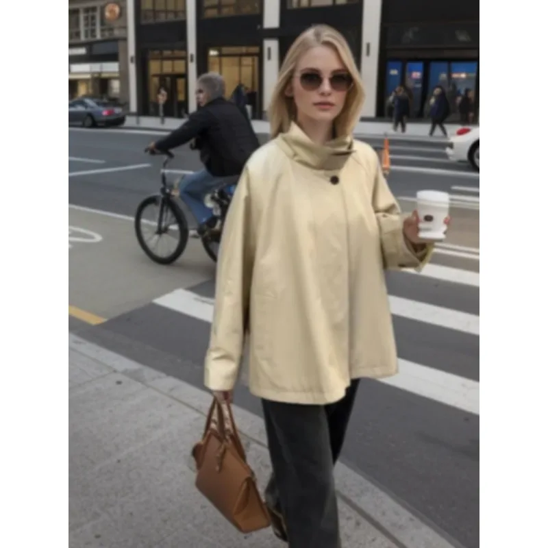 

2025 Autumn Loose Stand Neck Women Turtleneck Windbreaker Single Button Zipper Leisure Coats Solid Female Outerwears