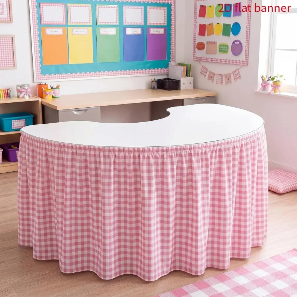 1 PC party table skirt, pink and white checkered table skirt, gentle and retro style tablecloth table skirt