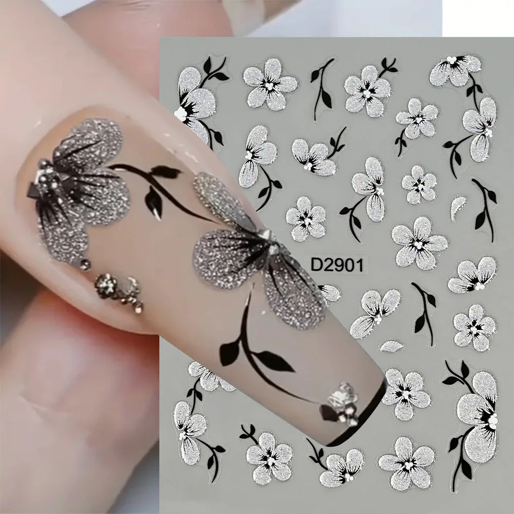 

5D Silver Glitter Flower Nail Stickers Plum Blossom Leaf Embossed Nail Decals Petals Self Adhesive Sliders Manicure Sticker Deco