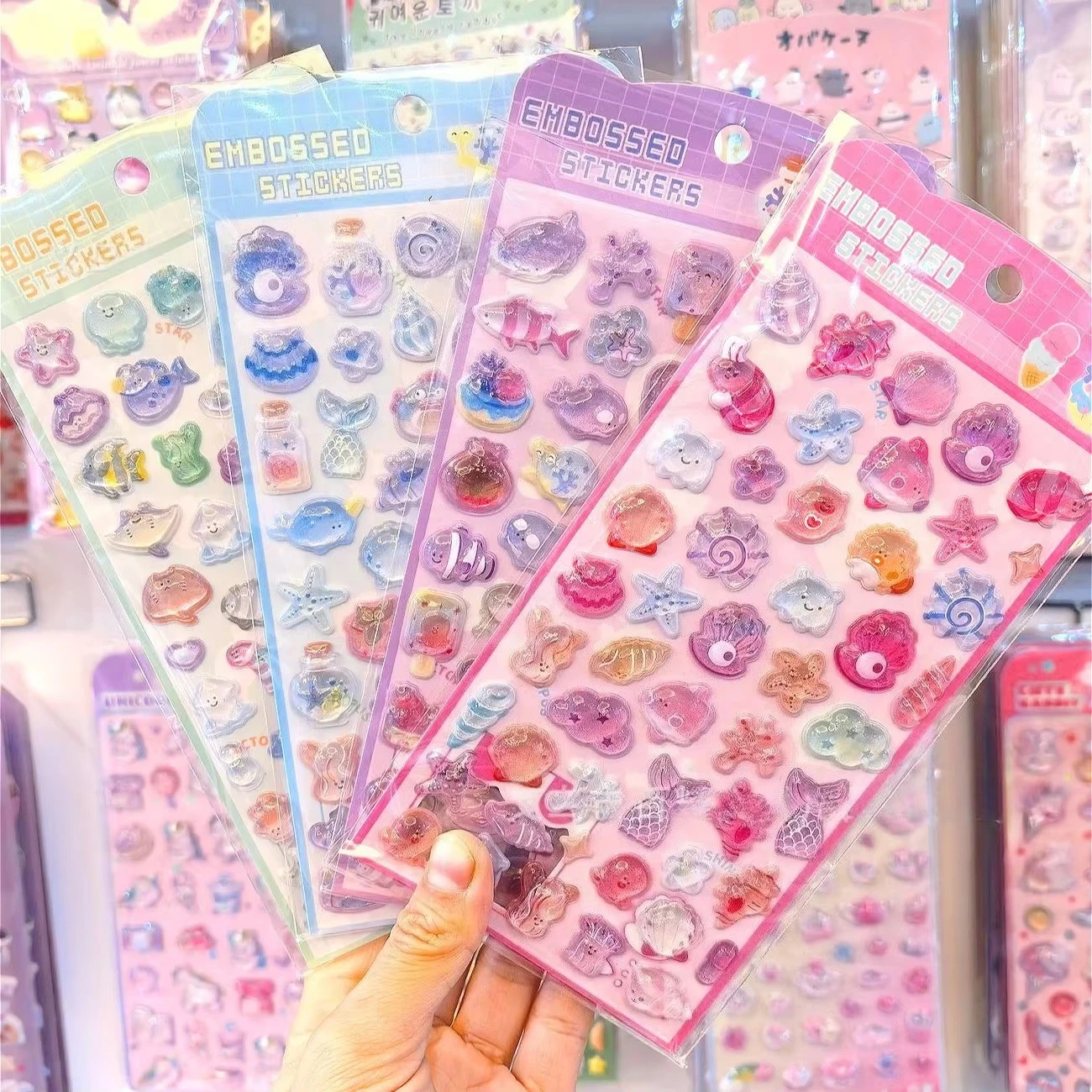 1/4Pcs Kawaii 3D Embossed Ocean Seashell Starfish Crystal Drop Sticker for Scrapbooking Cute Phone Case Decoration Solid Sticker