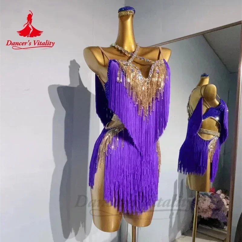 Latin Dance Fringe Dress Women Customsized Senior AB Stones Performance Clothing Tango Chacha Latin Dancing Professional Dresses