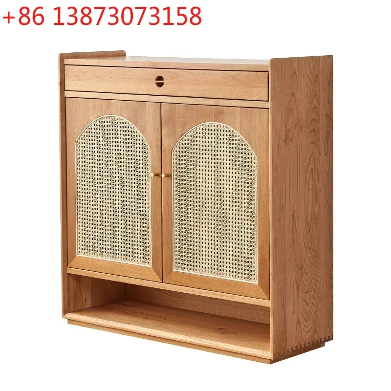 

Nordic simple solid wood black walnut shoe cabinet breathable rattan storage cherry wood