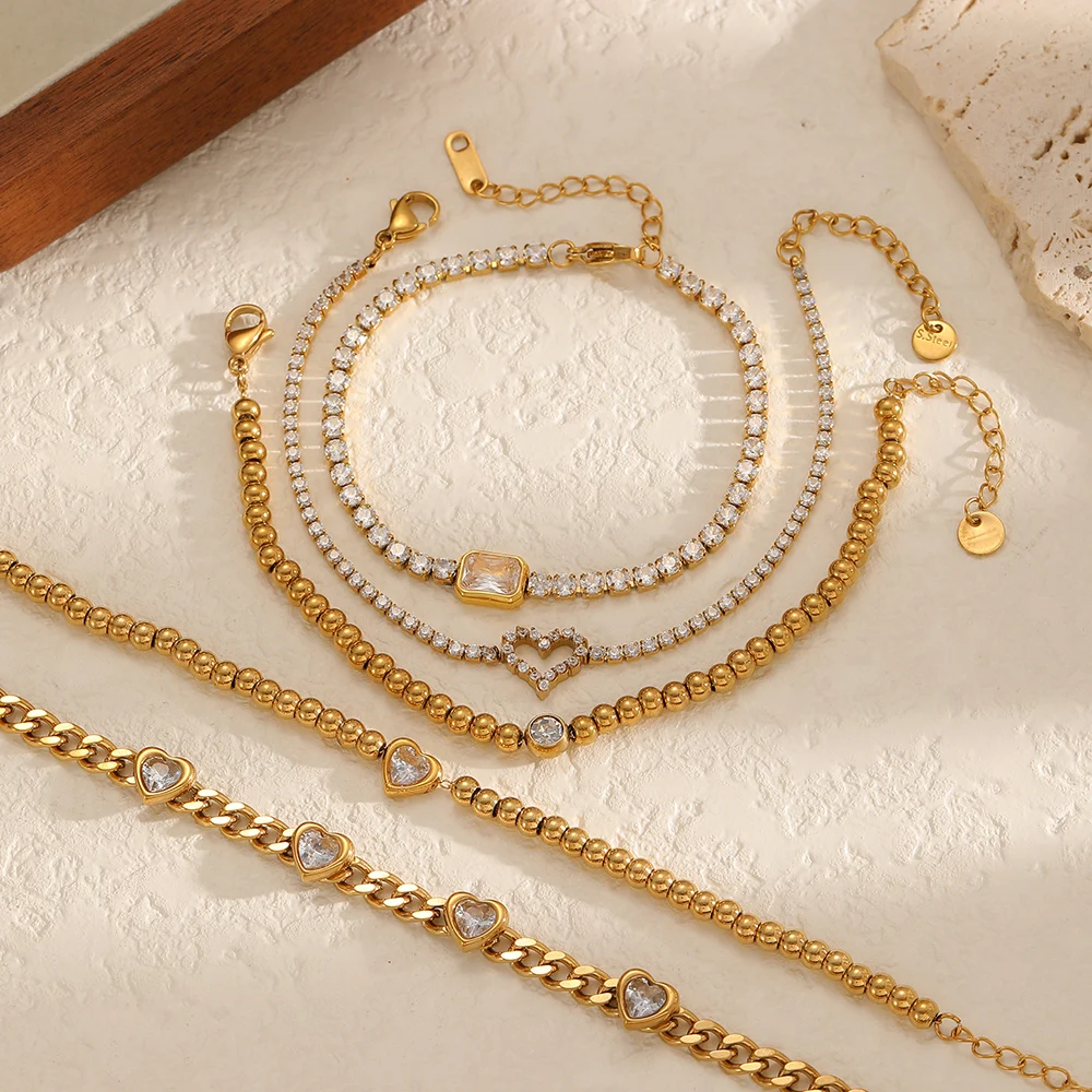 Luxuriöses, glänzendes, weißes Zirkon-Herz-Armband, 18K Goldfarben plattiert, Edelstahl, wasserdicht, Schmuckgeschenke für Damen – Detail 1
