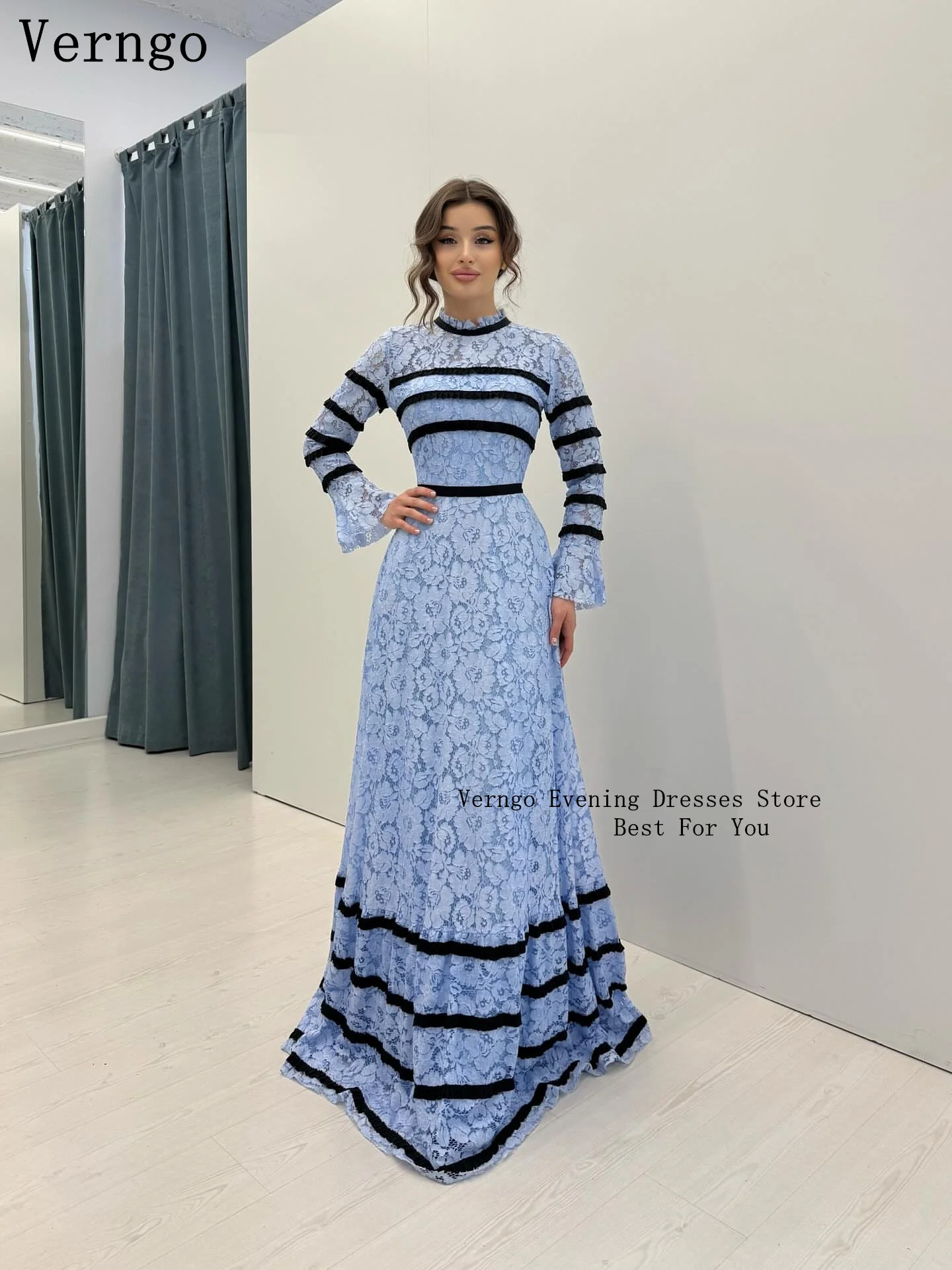 Verngo Blue Lace Evening Dress Modest O Neck Full Sleeves A Line Formal Occasion Dress Women Simple Prom Gowns Customized
