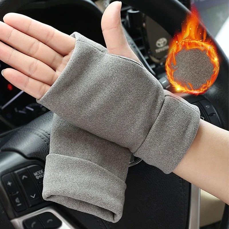 Guantes sin dedos de terciopelo suave para mujer, guantes con pantalla táctil de medio dedo, finos, protección de la palma de la muñeca para otoño e invierno, manoplas cálidas para conducir