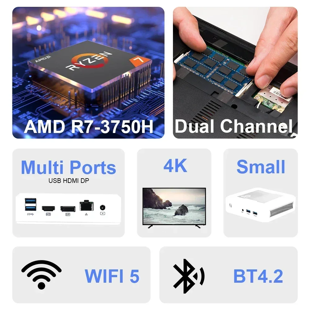 SZBOX AMD Ryzen 7 3750H Ryzen 5 3550H كمبيوتر صغير Windows 11 DDR4 Ram M.2 2280 NVMe SSD RGB كمبيوتر صغير للألعاب خفيف