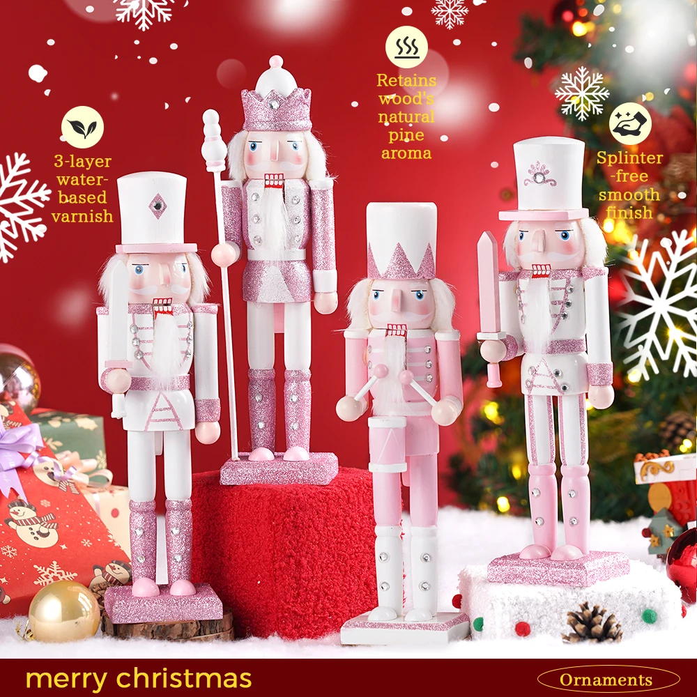 30CM Wooden Nutcracker Solider Figurine Puppet Pink Glitter Soldier Doll Toy Handcraft Ornament Christmas Home Office Decoration