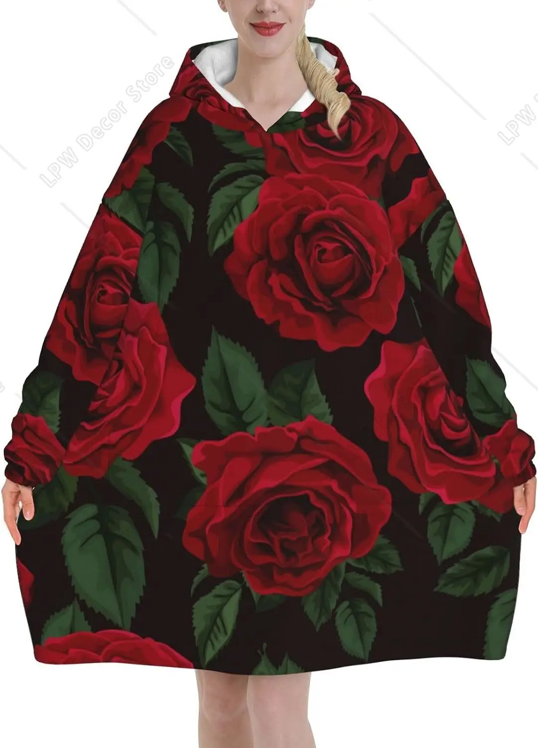 Red Rose Print Blanket Hoodies For Women & Men Adult Teen Wearable Hooded Sweatshirt With Pocket